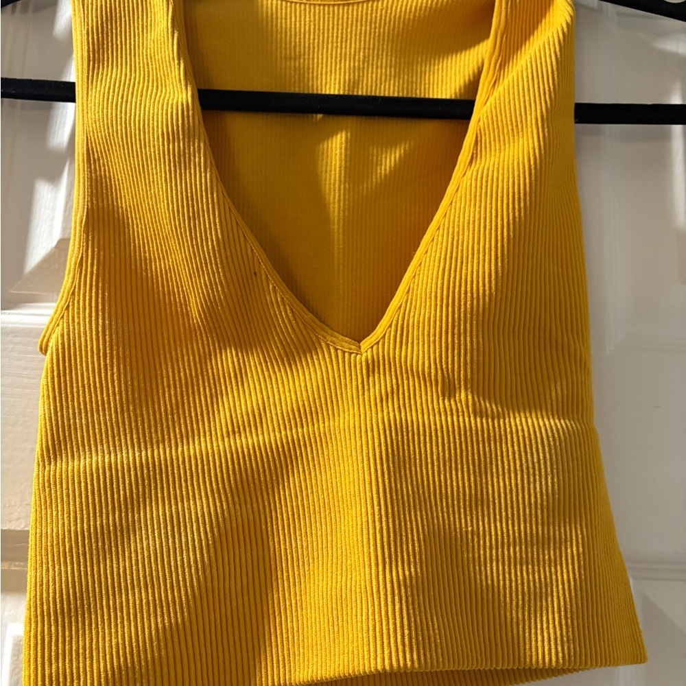 Yellow Ribbed V-Neck Women's Top